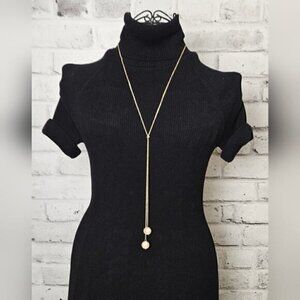 Gold Tone Slider Lariat Necklace w/ Faux Pearl Drops Adjustable Chain